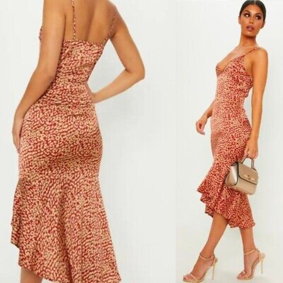PrettyLittleThing Red Leopard Print Frill Hem Midi Slip Dress Size 12 EUC - Picture 1 of 10